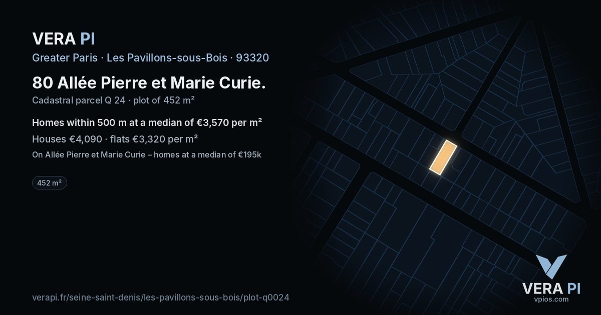 80 Allée Pierre et Marie Curie, Les Pavillons-sous-Bois at night – the plot lit, the parcels around coloured by the prices near them