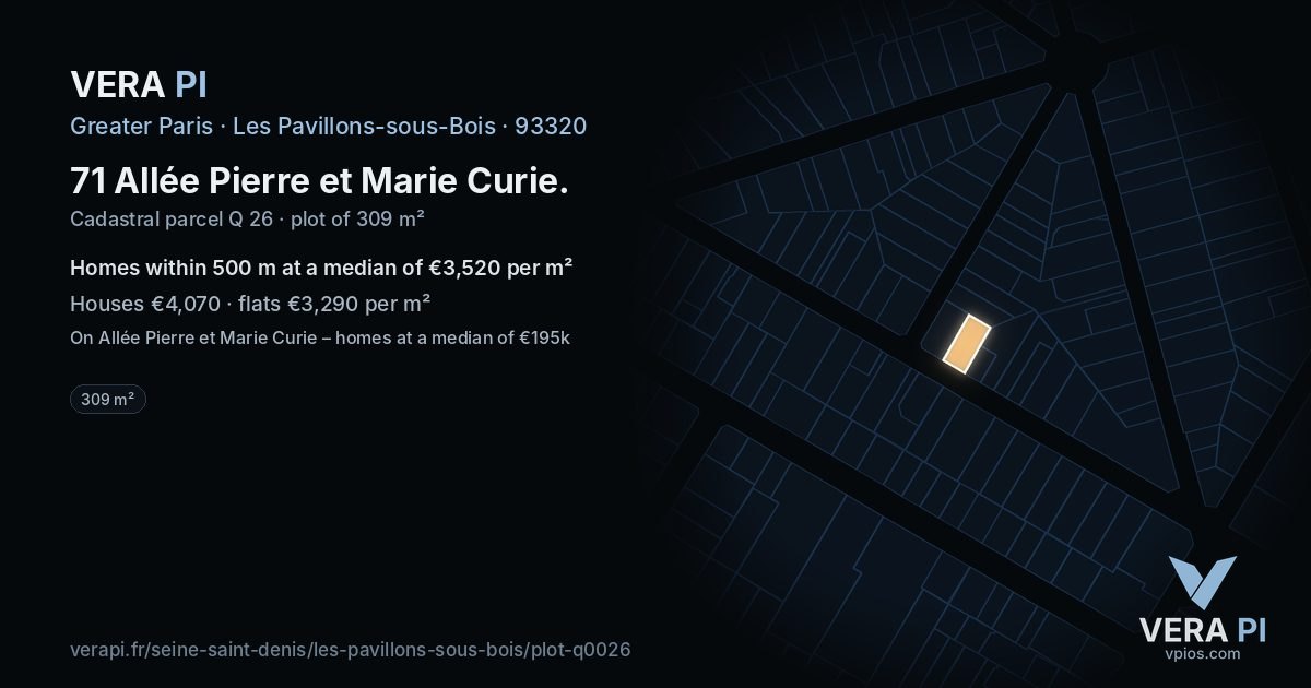 71 Allée Pierre et Marie Curie, Les Pavillons-sous-Bois at night – the plot lit, the parcels around coloured by the prices near them