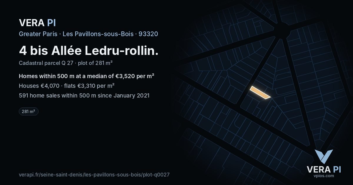 4 bis Allée Ledru-rollin, Les Pavillons-sous-Bois at night – the plot lit, the parcels around coloured by the prices near them