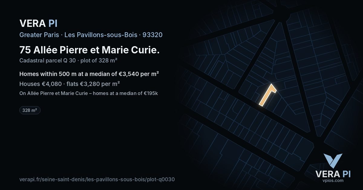 75 Allée Pierre et Marie Curie, Les Pavillons-sous-Bois at night – the plot lit, the parcels around coloured by the prices near them