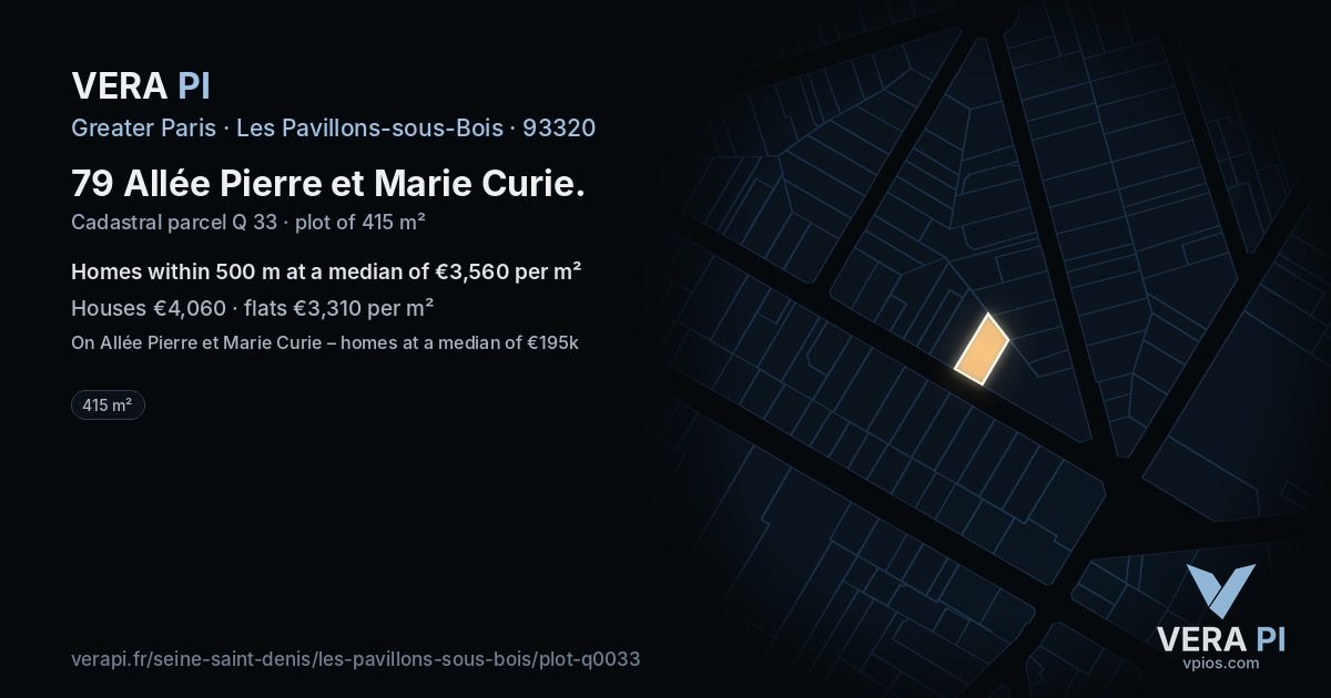 79 Allée Pierre et Marie Curie, Les Pavillons-sous-Bois at night – the plot lit, the parcels around coloured by the prices near them