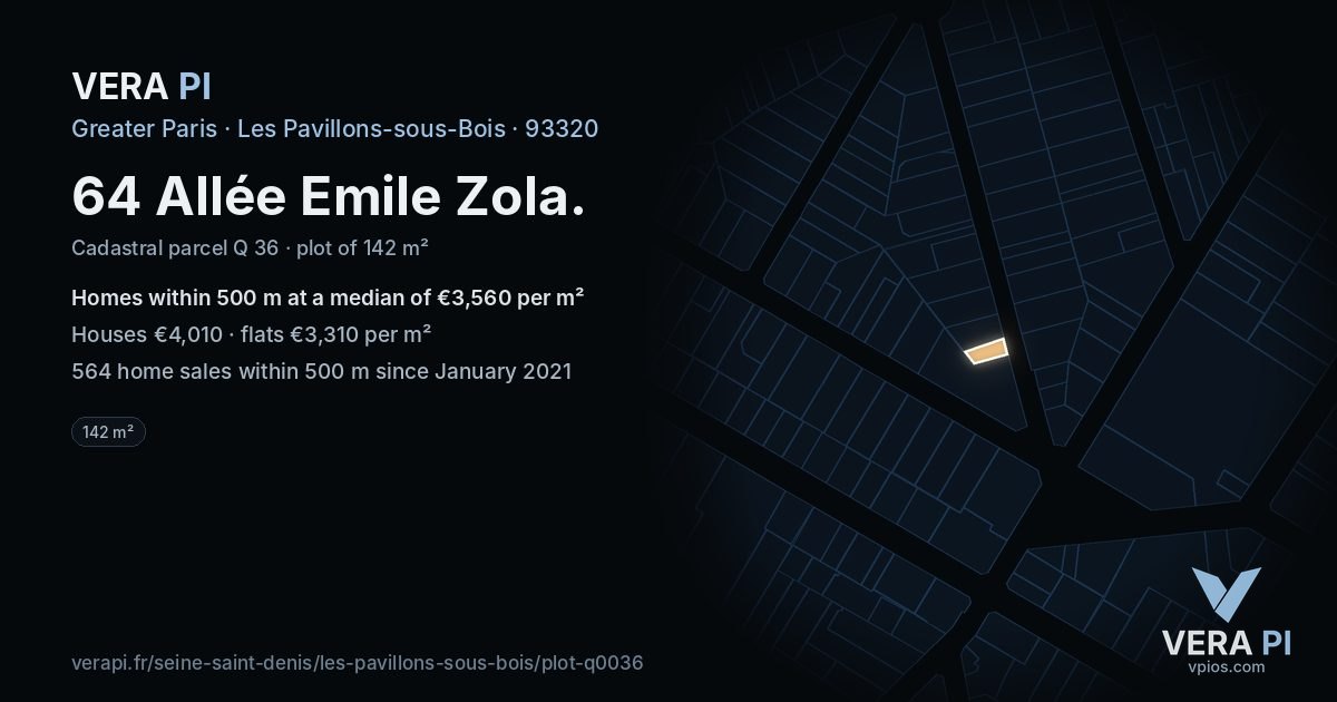 64 Allée Emile Zola, Les Pavillons-sous-Bois at night – the plot lit, the parcels around coloured by the prices near them