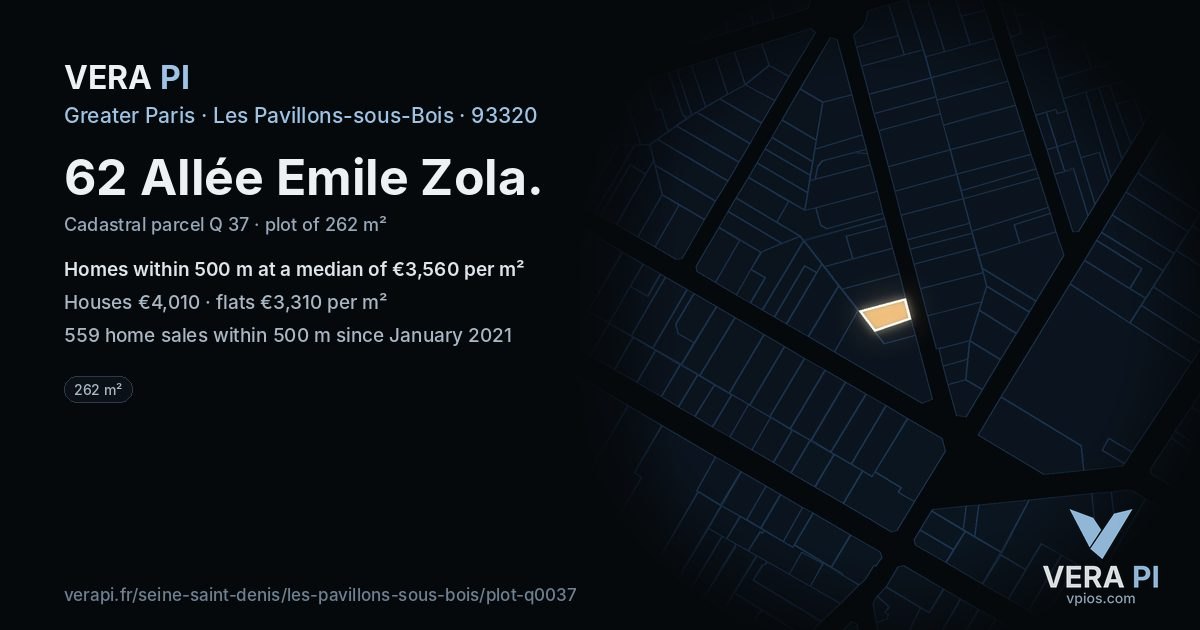 62 Allée Emile Zola, Les Pavillons-sous-Bois at night – the plot lit, the parcels around coloured by the prices near them