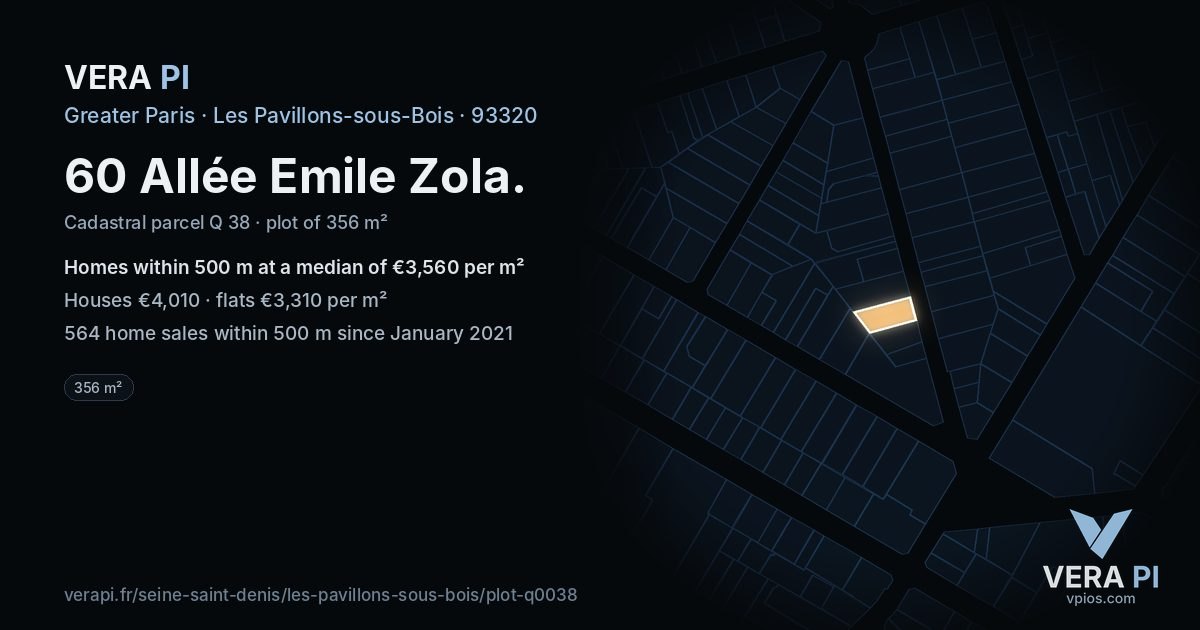 60 Allée Emile Zola, Les Pavillons-sous-Bois at night – the plot lit, the parcels around coloured by the prices near them