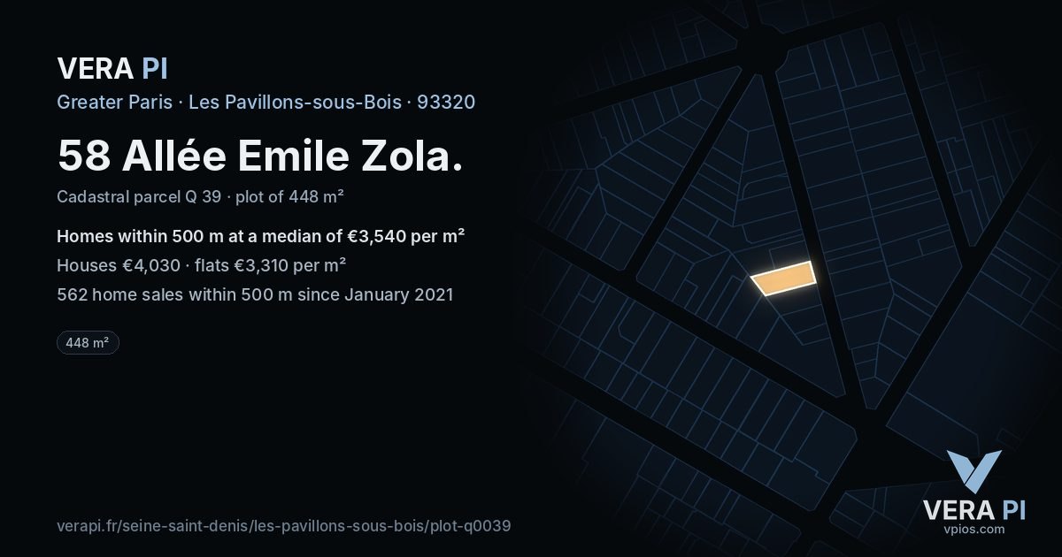 58 Allée Emile Zola, Les Pavillons-sous-Bois at night – the plot lit, the parcels around coloured by the prices near them