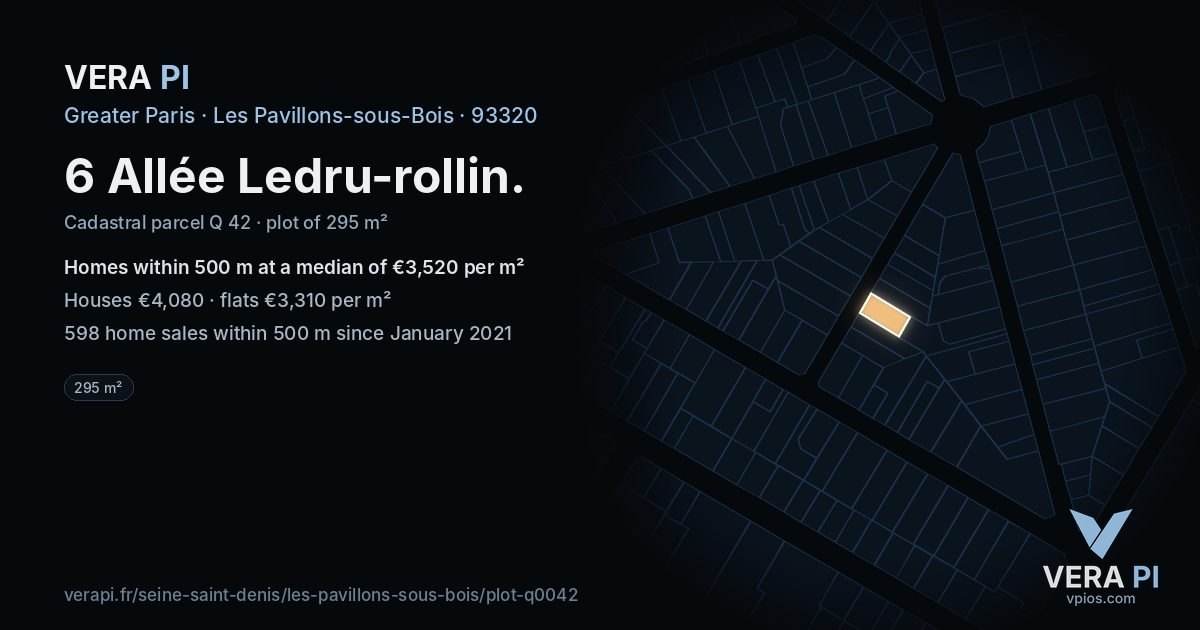 6 Allée Ledru-rollin, Les Pavillons-sous-Bois at night – the plot lit, the parcels around coloured by the prices near them