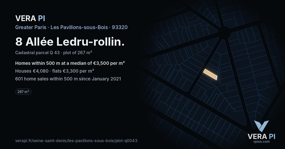 8 Allée Ledru-rollin, Les Pavillons-sous-Bois at night – the plot lit, the parcels around coloured by the prices near them