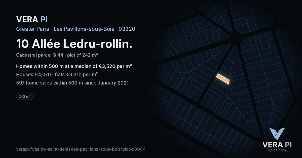 10 Allée Ledru-rollin, Les Pavillons-sous-Bois at night – the plot lit, the parcels around coloured by the prices near them