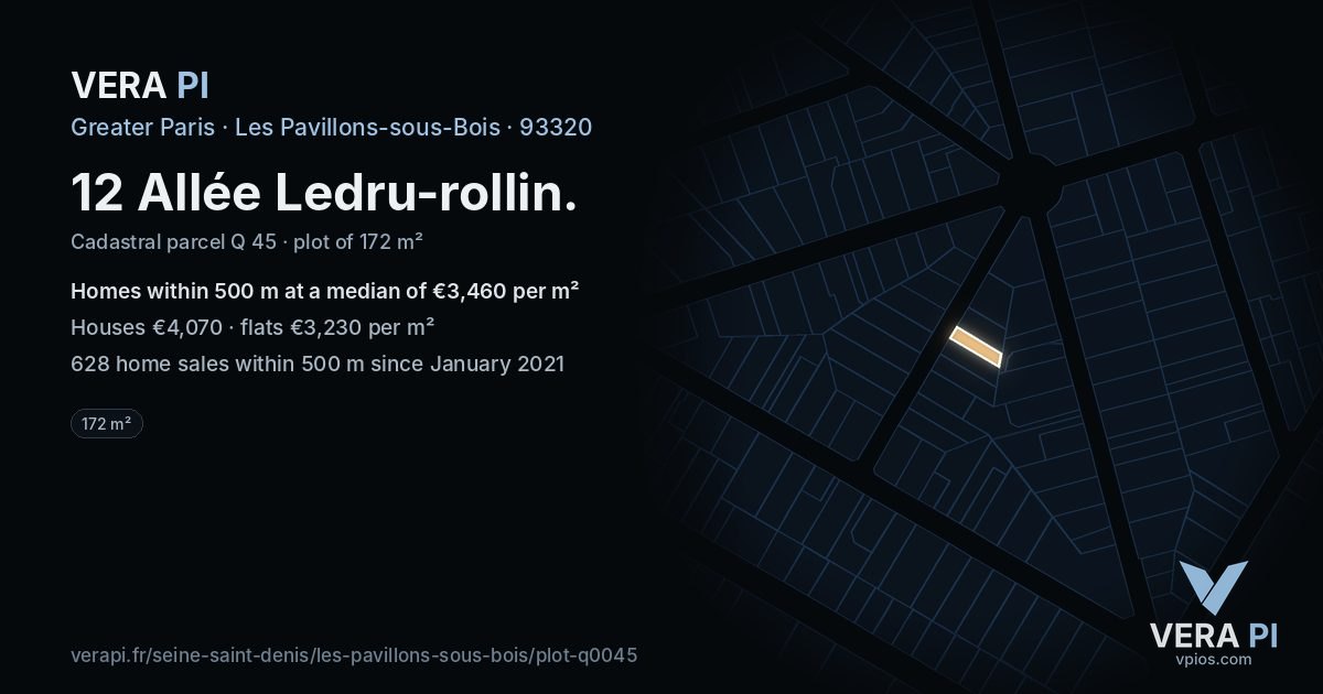 12 Allée Ledru-rollin, Les Pavillons-sous-Bois at night – the plot lit, the parcels around coloured by the prices near them