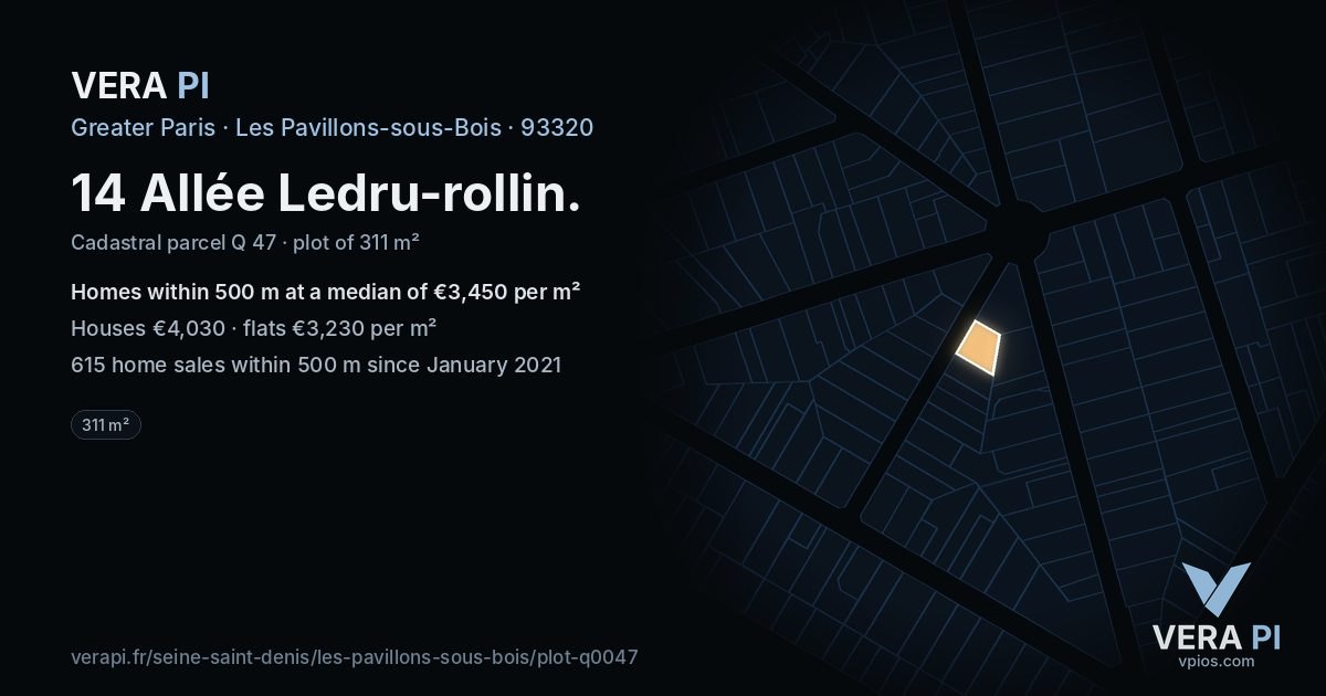 14 Allée Ledru-rollin, Les Pavillons-sous-Bois at night – the plot lit, the parcels around coloured by the prices near them