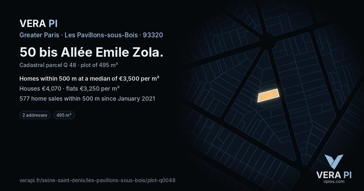 50 bis Allée Emile Zola, Les Pavillons-sous-Bois at night – the plot lit, the parcels around coloured by the prices near them