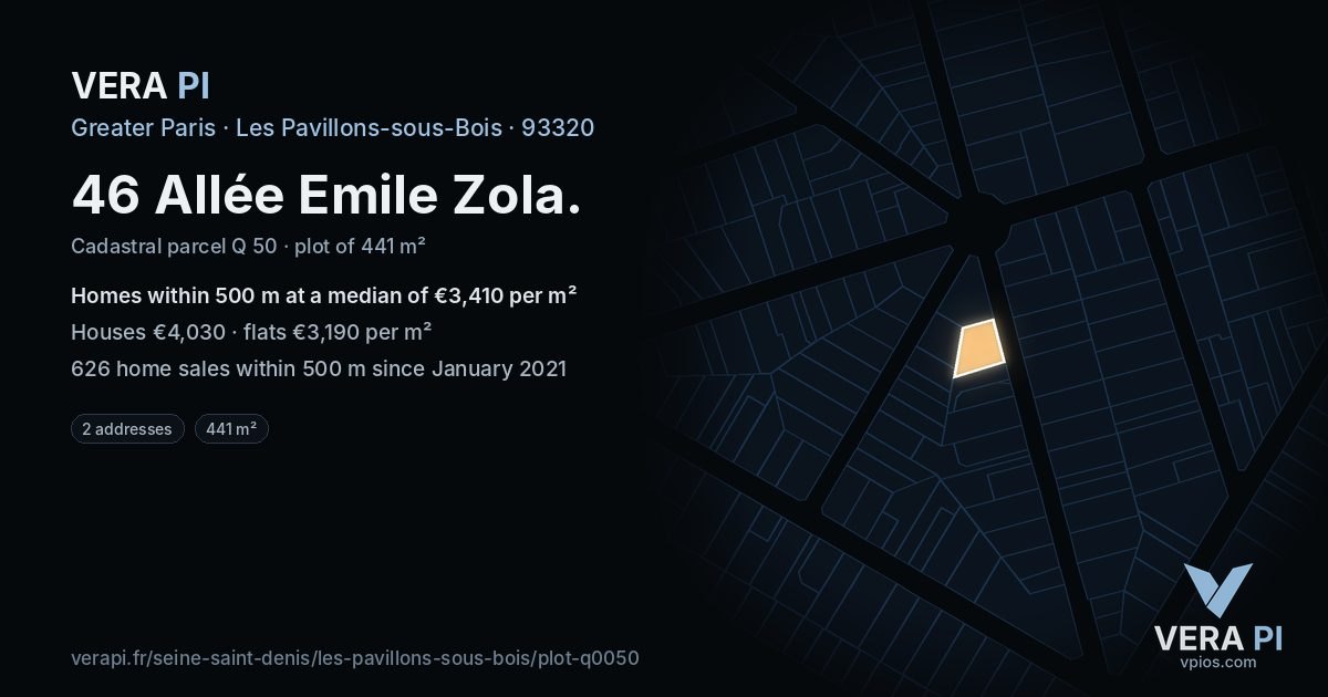 46 Allée Emile Zola, Les Pavillons-sous-Bois at night – the plot lit, the parcels around coloured by the prices near them