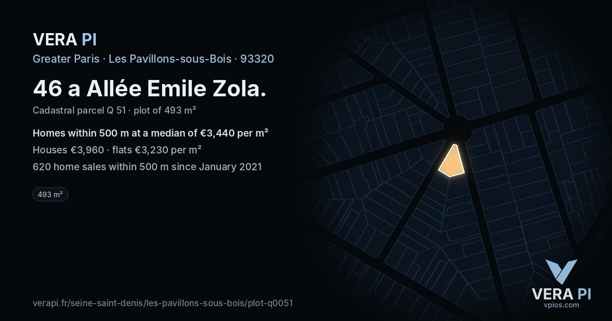 46 a Allée Emile Zola, Les Pavillons-sous-Bois at night – the plot lit, the parcels around coloured by the prices near them