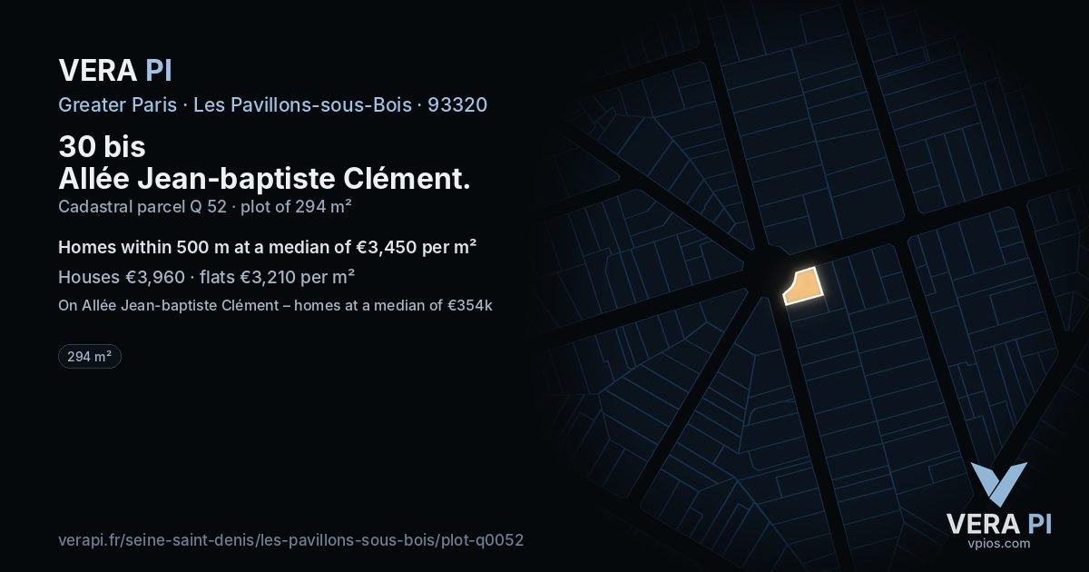 30 bis Allée Jean-baptiste Clément, Les Pavillons-sous-Bois at night – the plot lit, the parcels around coloured by the prices near them