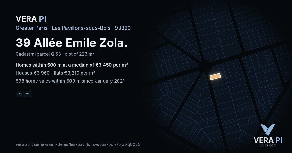 39 Allée Emile Zola, Les Pavillons-sous-Bois at night – the plot lit, the parcels around coloured by the prices near them