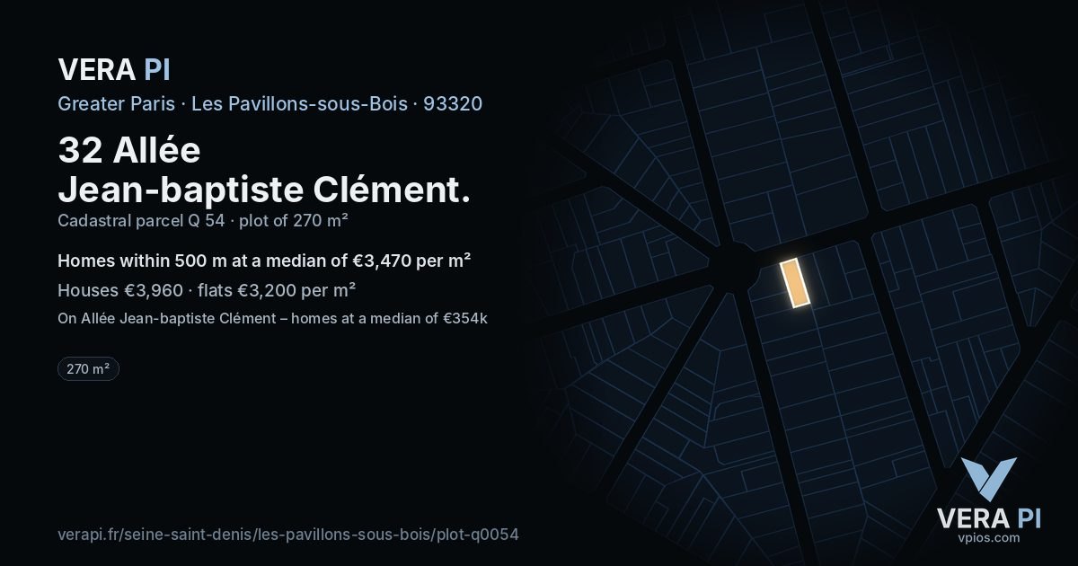 32 Allée Jean-baptiste Clément, Les Pavillons-sous-Bois at night – the plot lit, the parcels around coloured by the prices near them