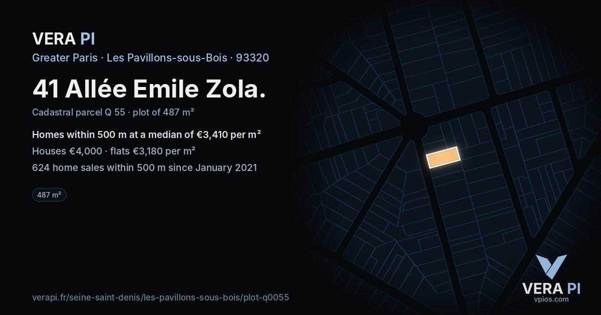 41 Allée Emile Zola, Les Pavillons-sous-Bois at night – the plot lit, the parcels around coloured by the prices near them