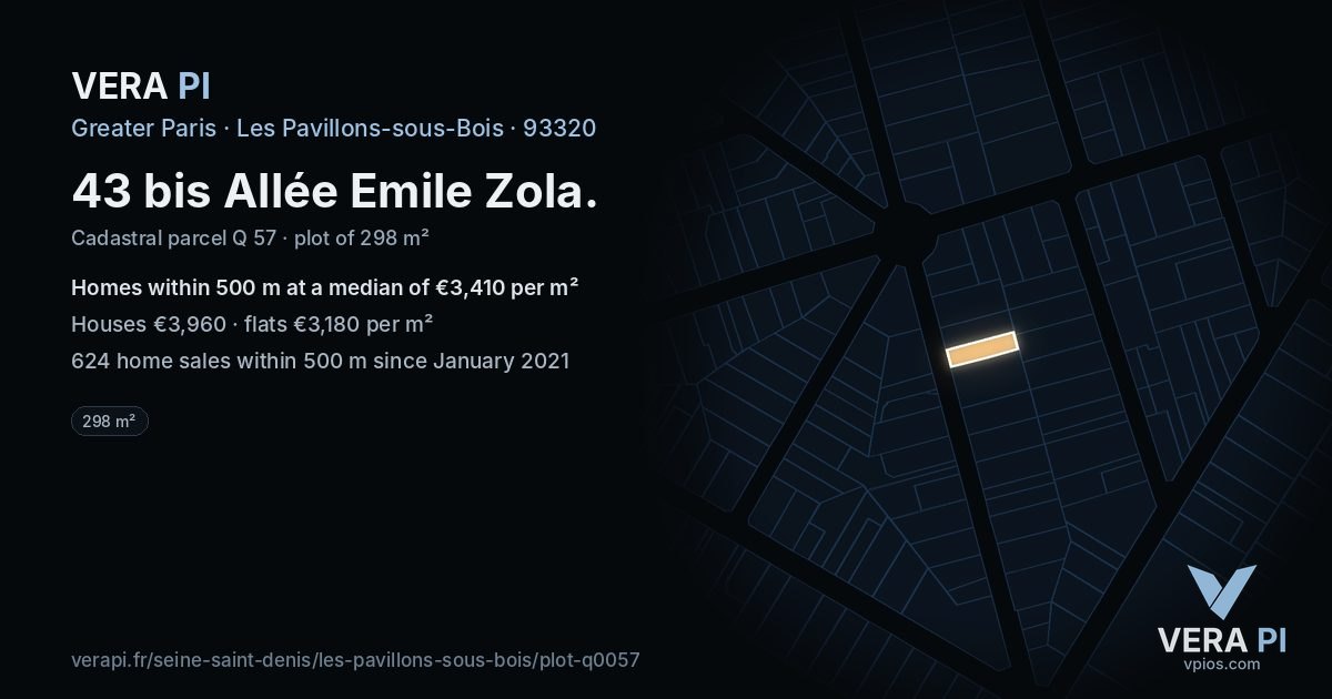 43 bis Allée Emile Zola, Les Pavillons-sous-Bois at night – the plot lit, the parcels around coloured by the prices near them