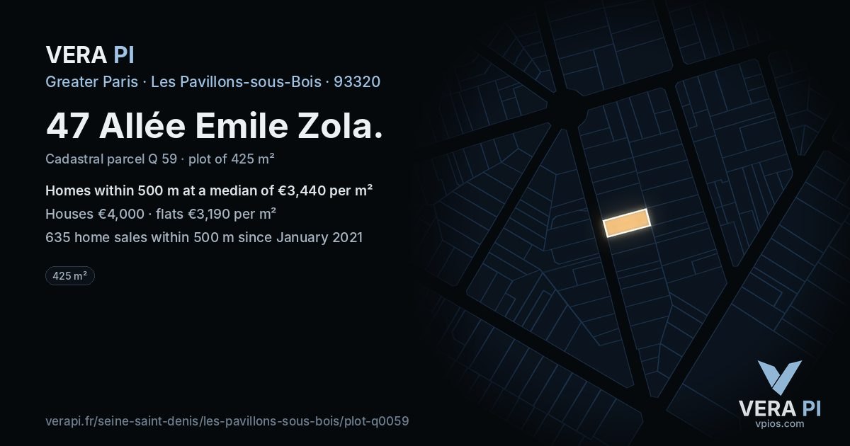 47 Allée Emile Zola, Les Pavillons-sous-Bois at night – the plot lit, the parcels around coloured by the prices near them