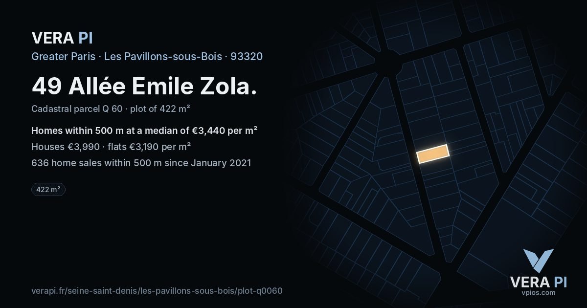 49 Allée Emile Zola, Les Pavillons-sous-Bois at night – the plot lit, the parcels around coloured by the prices near them