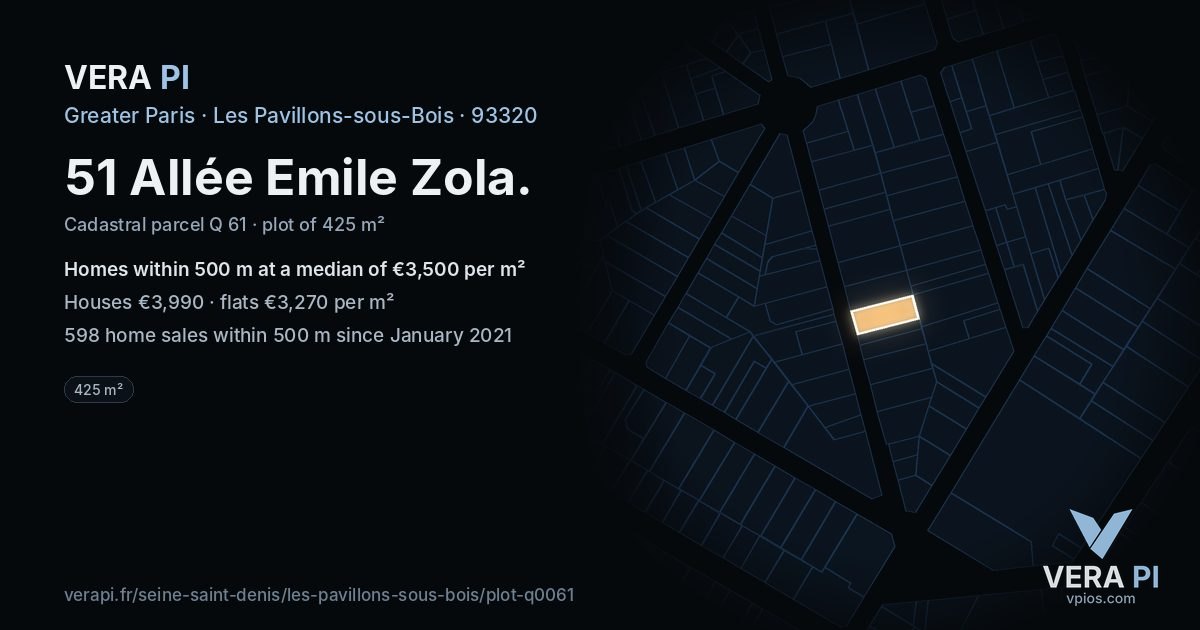 51 Allée Emile Zola, Les Pavillons-sous-Bois at night – the plot lit, the parcels around coloured by the prices near them