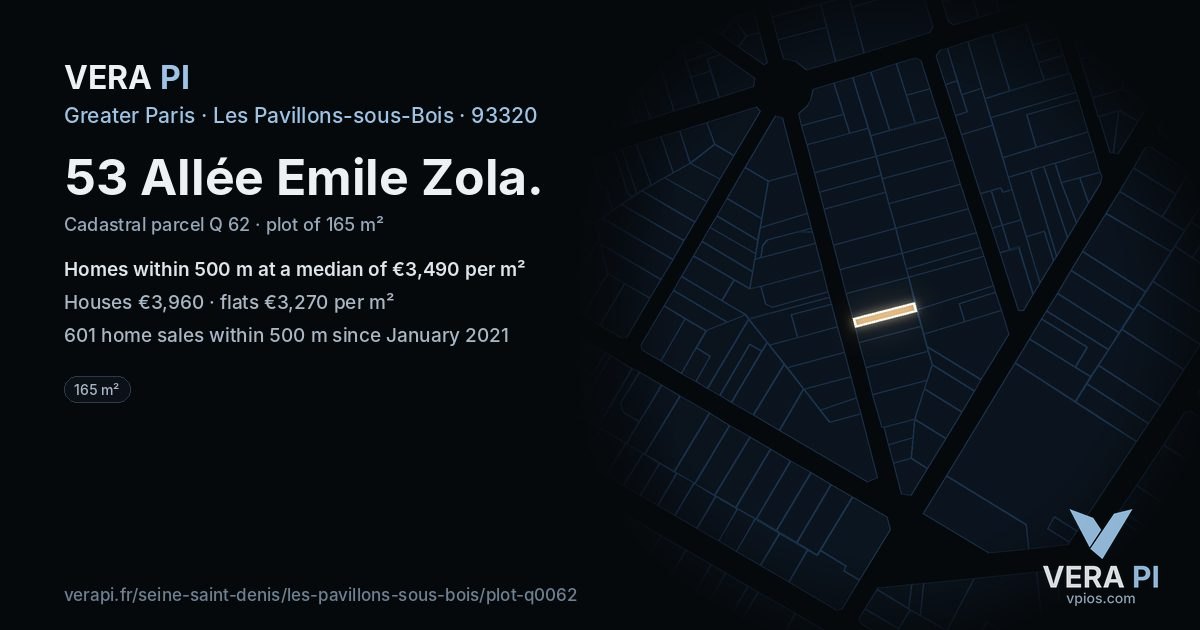 53 Allée Emile Zola, Les Pavillons-sous-Bois at night – the plot lit, the parcels around coloured by the prices near them