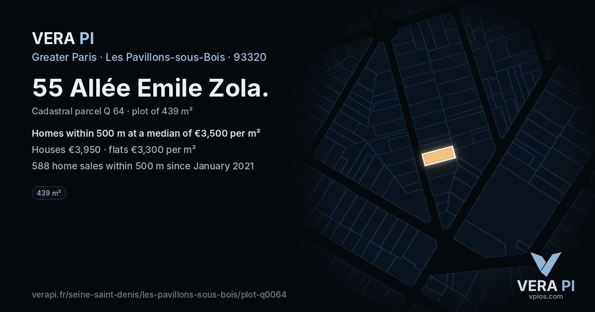 55 Allée Emile Zola, Les Pavillons-sous-Bois at night – the plot lit, the parcels around coloured by the prices near them