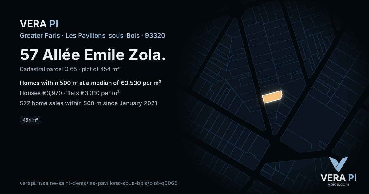 57 Allée Emile Zola, Les Pavillons-sous-Bois at night – the plot lit, the parcels around coloured by the prices near them