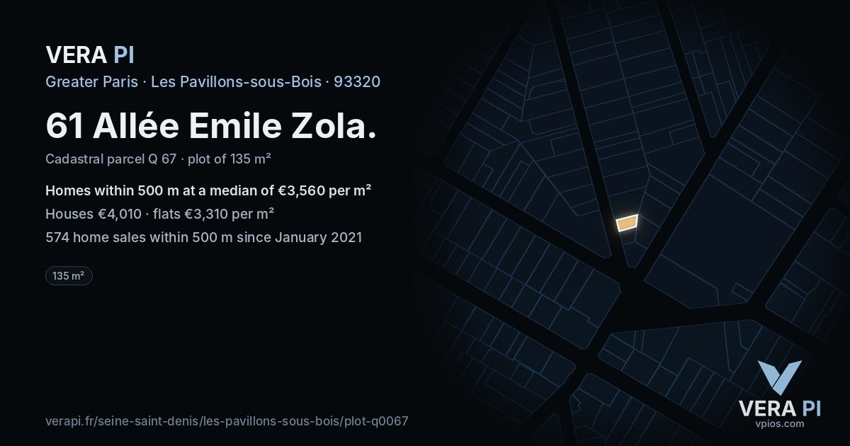 61 Allée Emile Zola, Les Pavillons-sous-Bois at night – the plot lit, the parcels around coloured by the prices near them