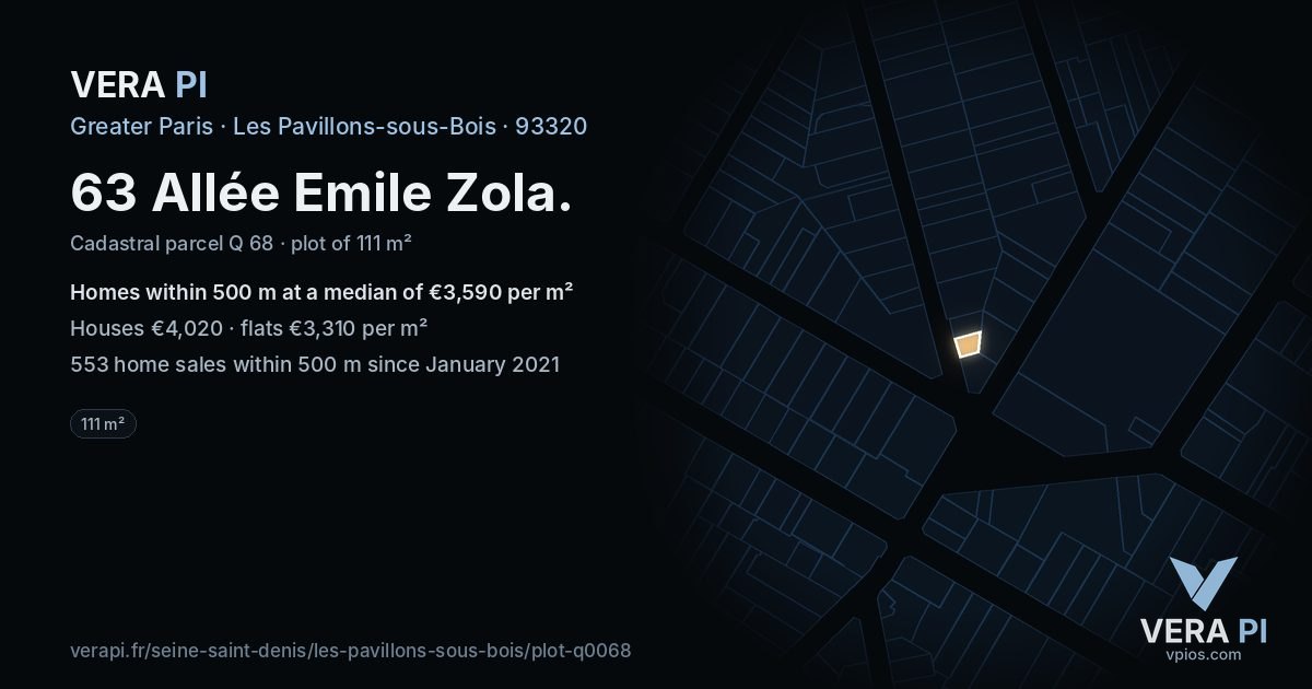 63 Allée Emile Zola, Les Pavillons-sous-Bois at night – the plot lit, the parcels around coloured by the prices near them