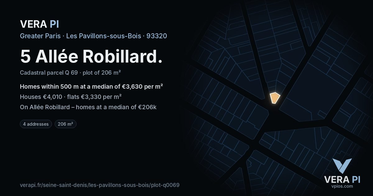 5 Allée Robillard, Les Pavillons-sous-Bois at night – the plot lit, the parcels around coloured by the prices near them
