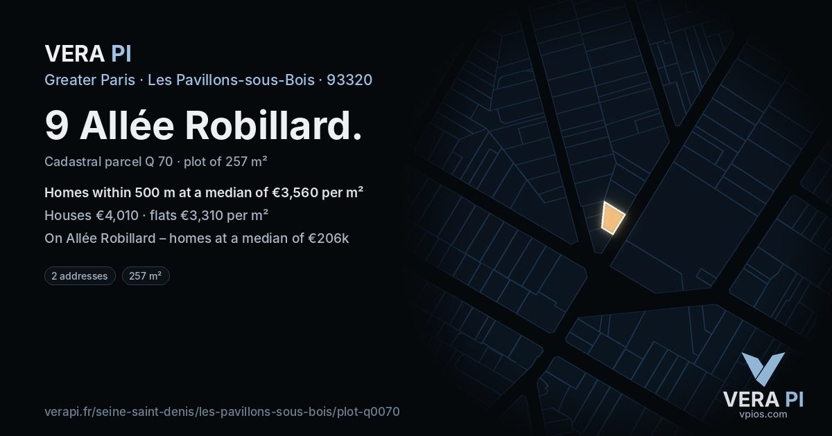 9 Allée Robillard, Les Pavillons-sous-Bois at night – the plot lit, the parcels around coloured by the prices near them