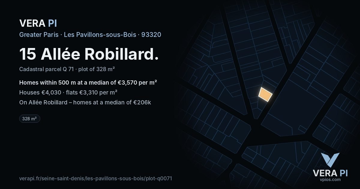 15 Allée Robillard, Les Pavillons-sous-Bois at night – the plot lit, the parcels around coloured by the prices near them