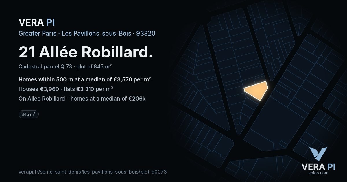 21 Allée Robillard, Les Pavillons-sous-Bois at night – the plot lit, the parcels around coloured by the prices near them