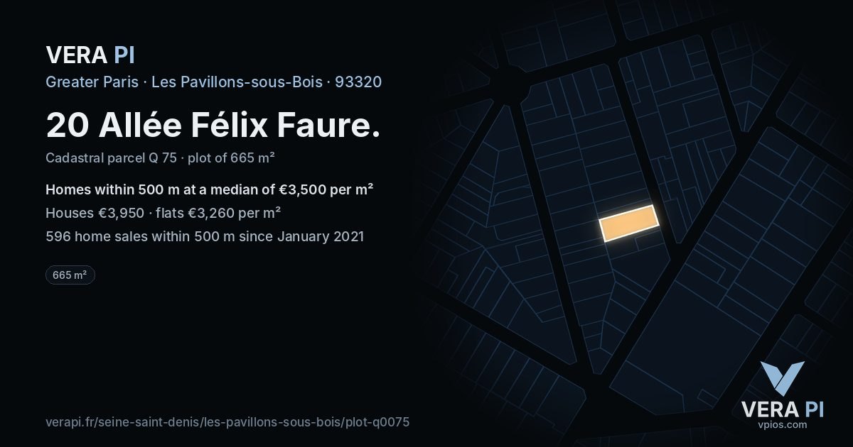 20 Allée Félix Faure, Les Pavillons-sous-Bois at night – the plot lit, the parcels around coloured by the prices near them
