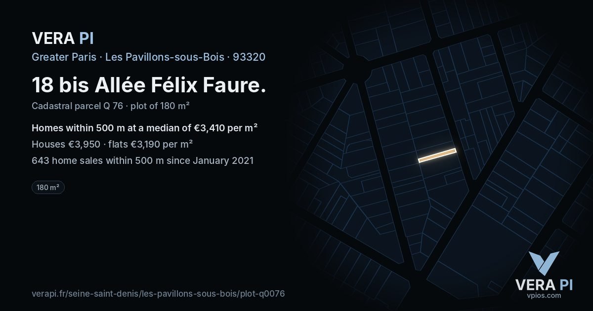 18 bis Allée Félix Faure, Les Pavillons-sous-Bois at night – the plot lit, the parcels around coloured by the prices near them
