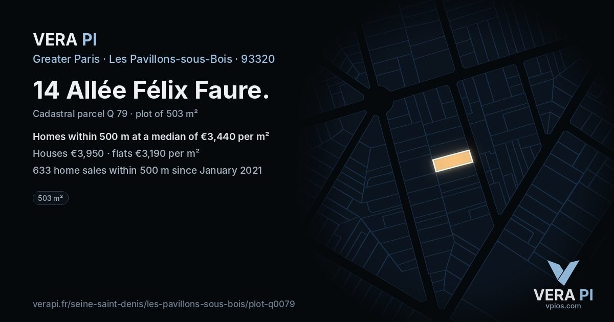 14 Allée Félix Faure, Les Pavillons-sous-Bois at night – the plot lit, the parcels around coloured by the prices near them