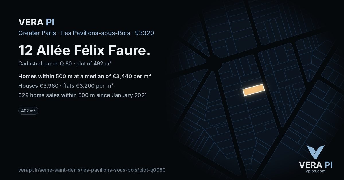 12 Allée Félix Faure, Les Pavillons-sous-Bois at night – the plot lit, the parcels around coloured by the prices near them