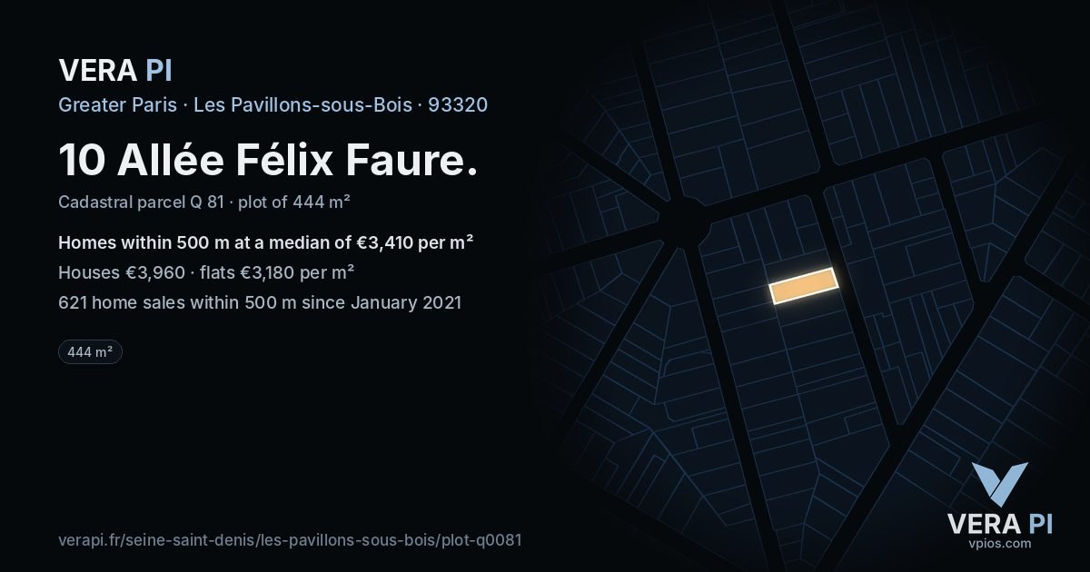 10 Allée Félix Faure, Les Pavillons-sous-Bois at night – the plot lit, the parcels around coloured by the prices near them