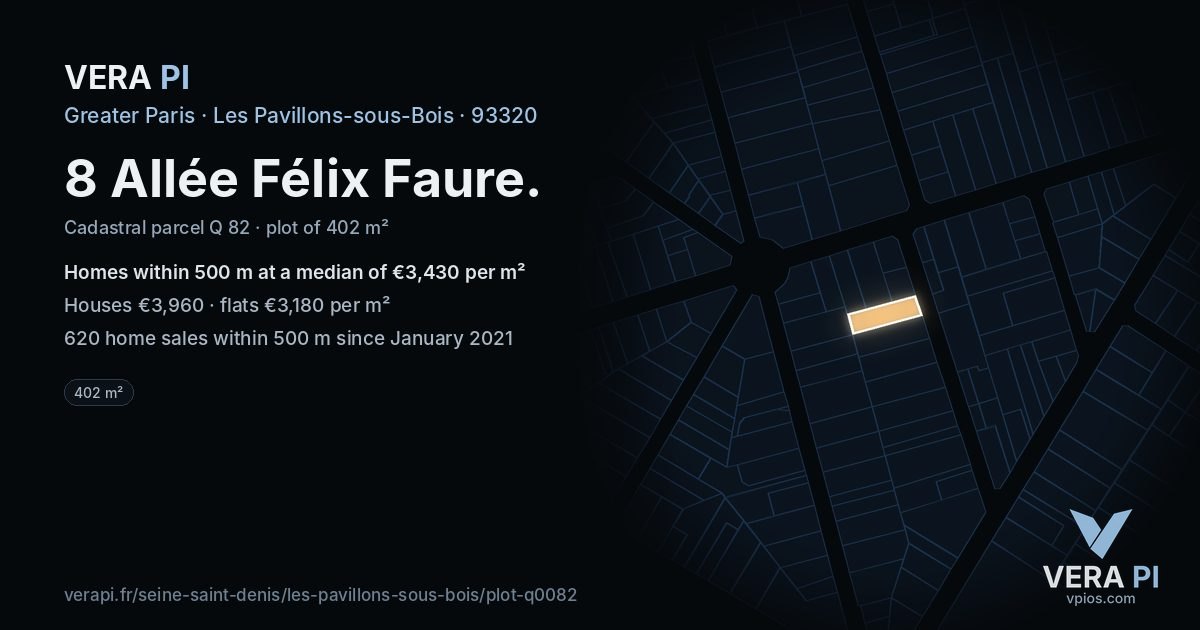 8 Allée Félix Faure, Les Pavillons-sous-Bois at night – the plot lit, the parcels around coloured by the prices near them