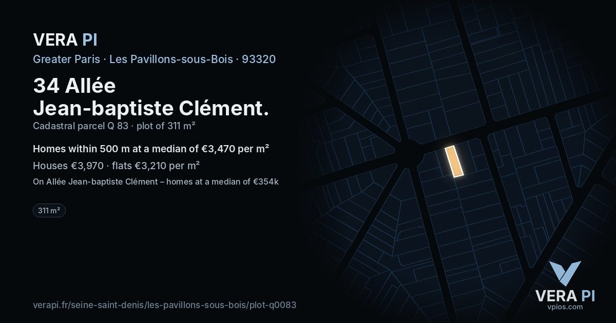 34 Allée Jean-baptiste Clément, Les Pavillons-sous-Bois at night – the plot lit, the parcels around coloured by the prices near them