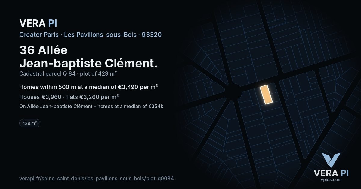 36 Allée Jean-baptiste Clément, Les Pavillons-sous-Bois at night – the plot lit, the parcels around coloured by the prices near them