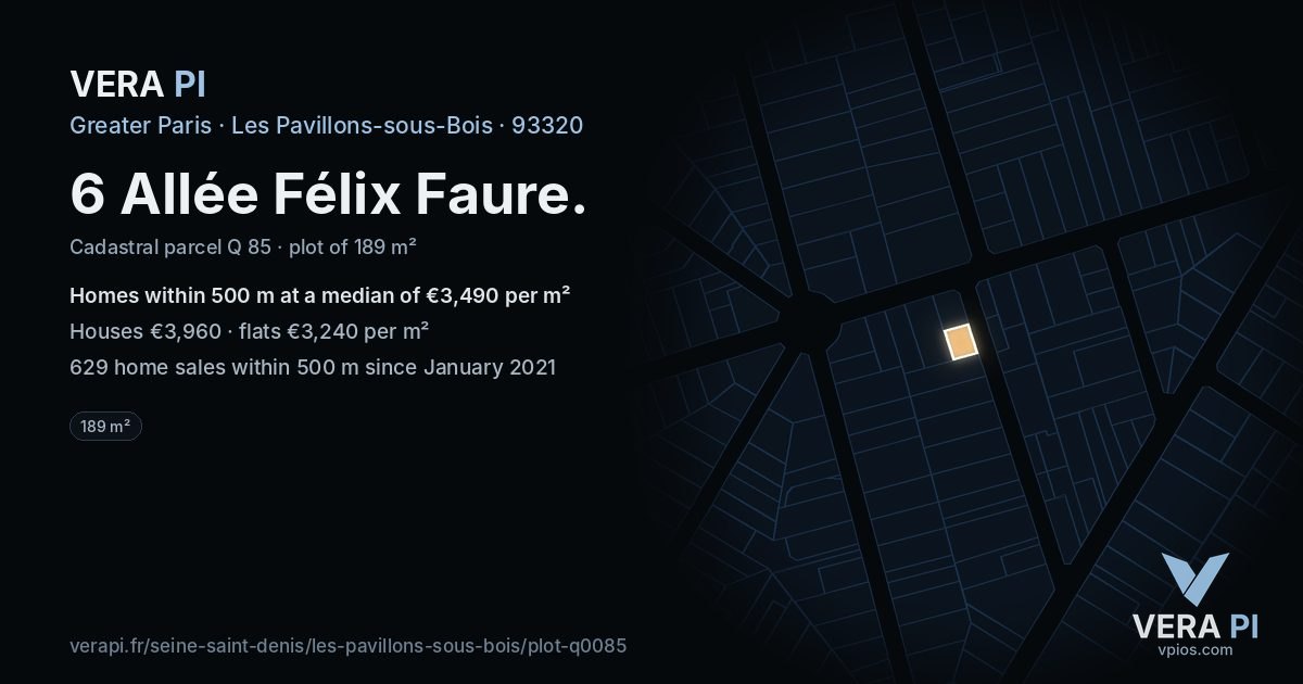 6 Allée Félix Faure, Les Pavillons-sous-Bois at night – the plot lit, the parcels around coloured by the prices near them