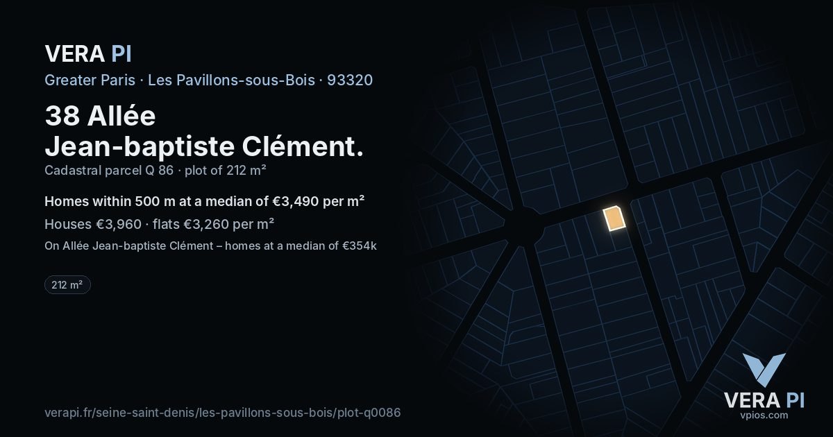 38 Allée Jean-baptiste Clément, Les Pavillons-sous-Bois at night – the plot lit, the parcels around coloured by the prices near them