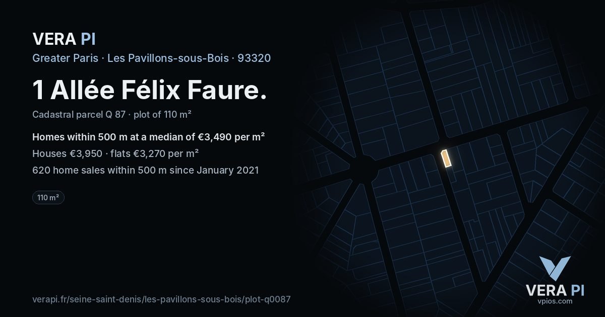 1 Allée Félix Faure, Les Pavillons-sous-Bois at night – the plot lit, the parcels around coloured by the prices near them