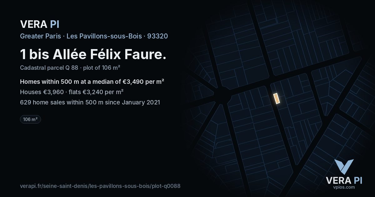 1 bis Allée Félix Faure, Les Pavillons-sous-Bois at night – the plot lit, the parcels around coloured by the prices near them