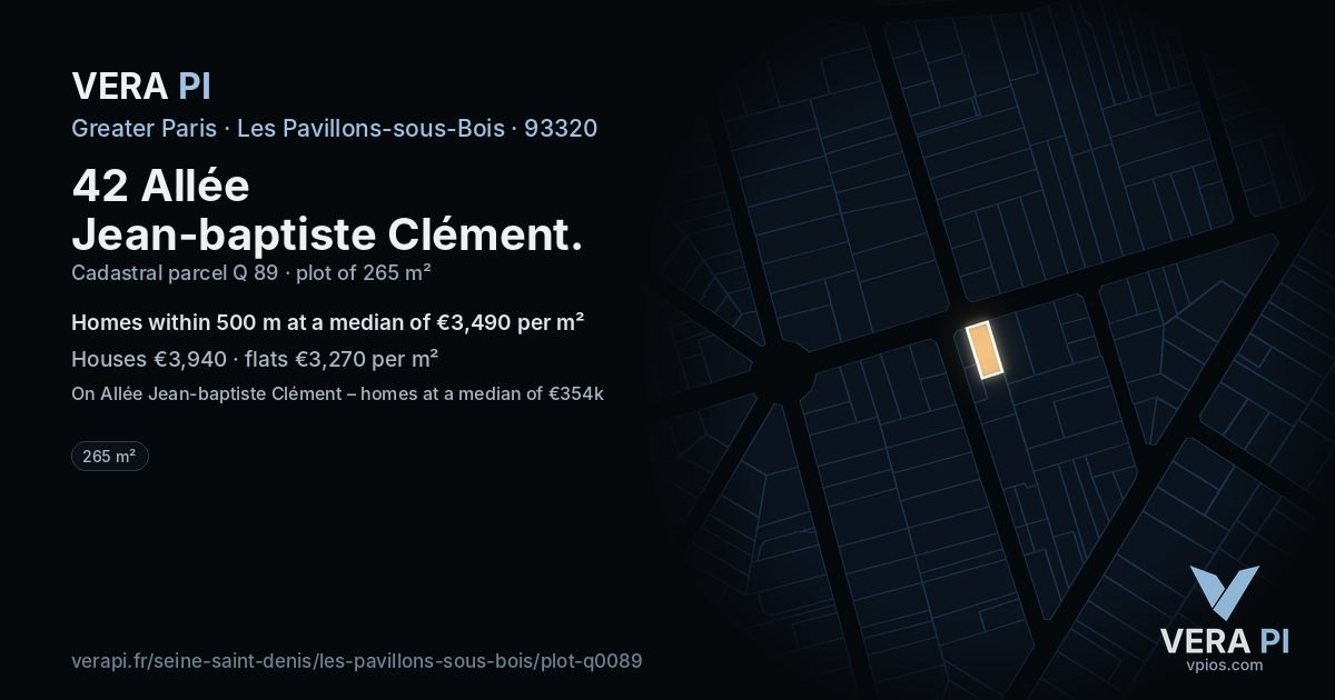 42 Allée Jean-baptiste Clément, Les Pavillons-sous-Bois at night – the plot lit, the parcels around coloured by the prices near them