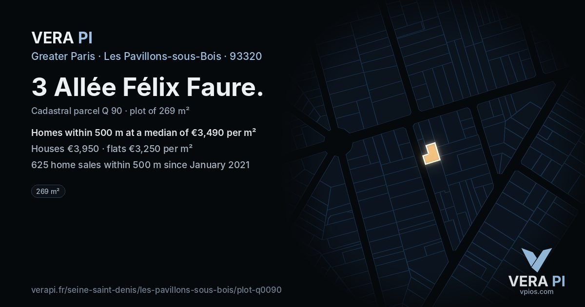 3 Allée Félix Faure, Les Pavillons-sous-Bois at night – the plot lit, the parcels around coloured by the prices near them