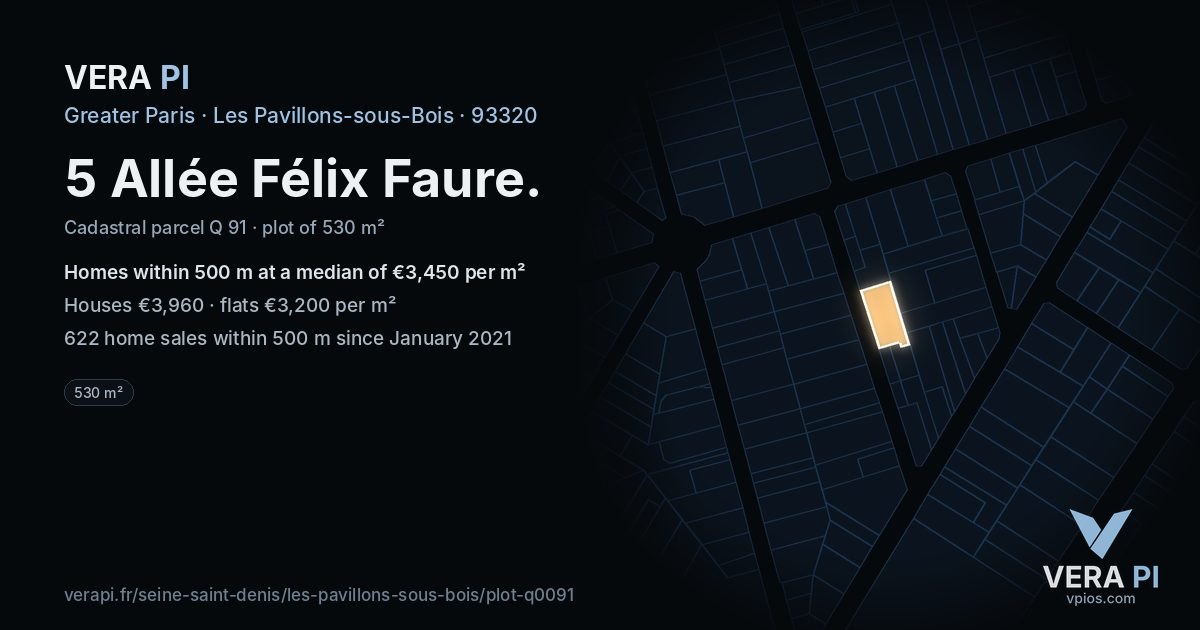 5 Allée Félix Faure, Les Pavillons-sous-Bois at night – the plot lit, the parcels around coloured by the prices near them