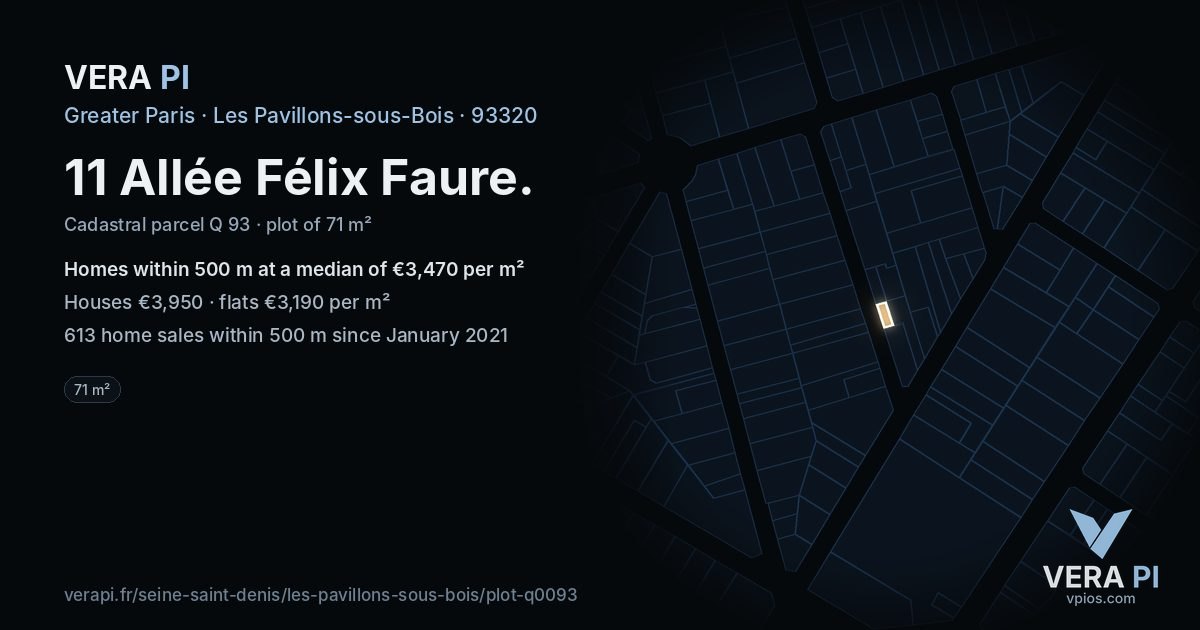 11 Allée Félix Faure, Les Pavillons-sous-Bois at night – the plot lit, the parcels around coloured by the prices near them
